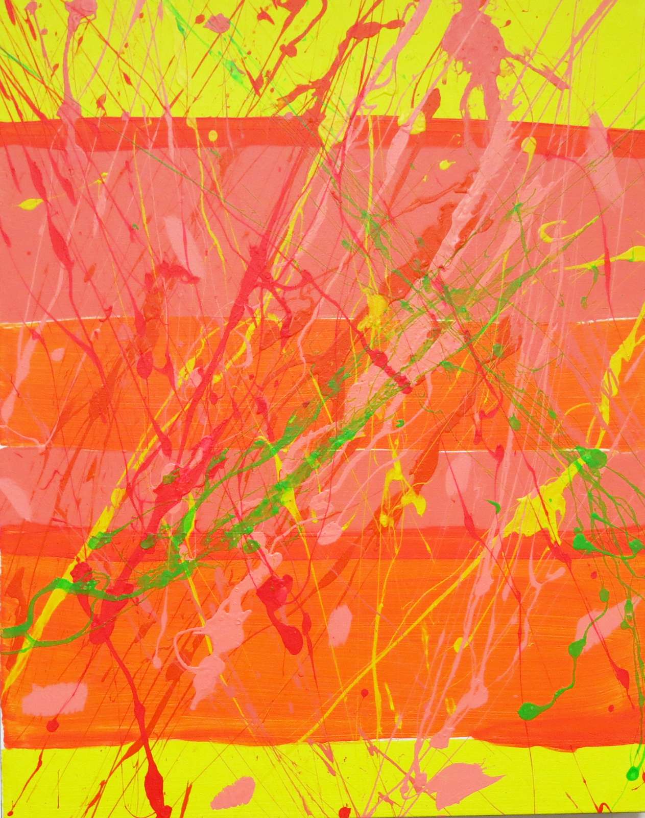 Yellow orange and green painting with splatter by Tyler